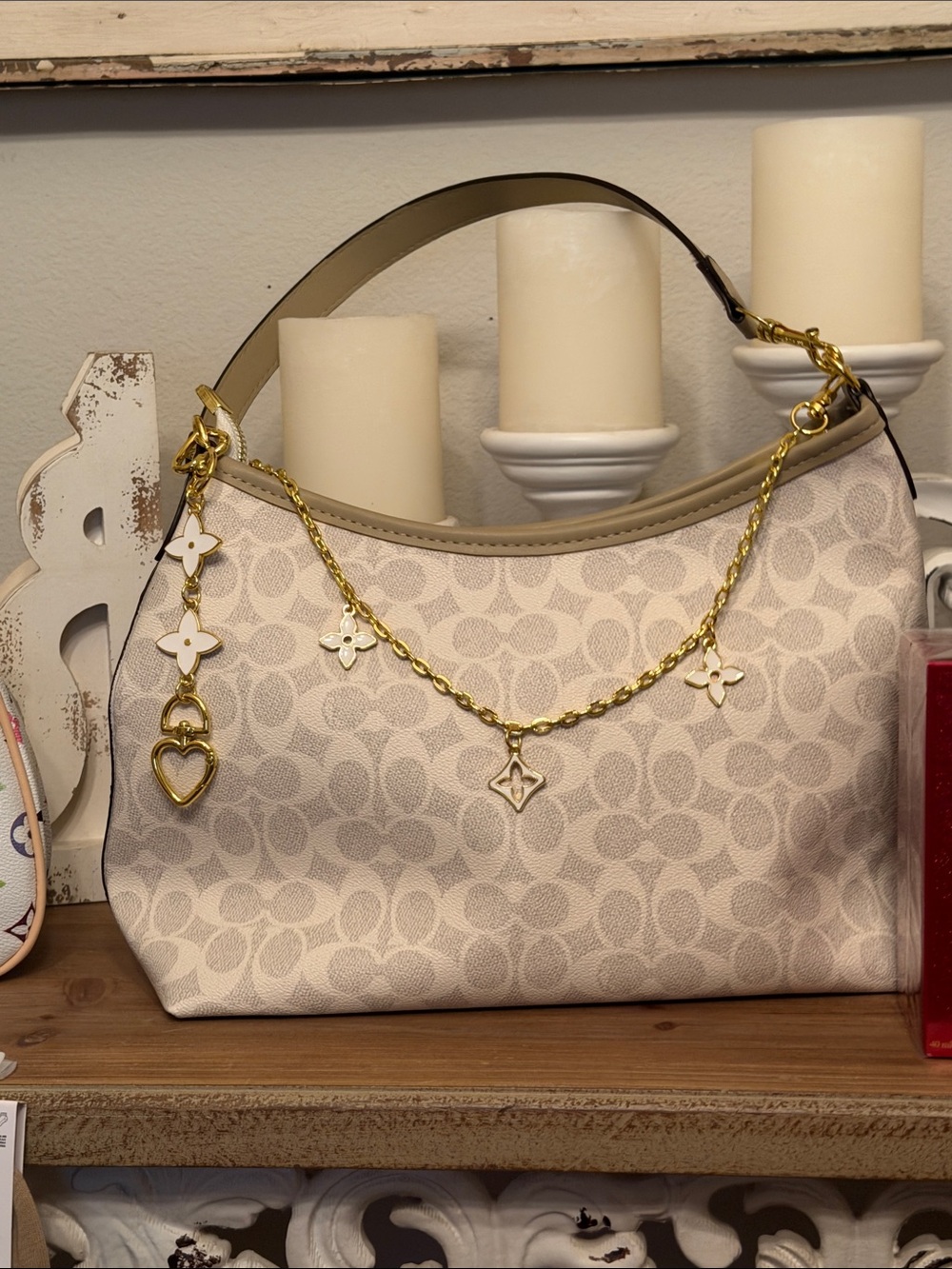 Designer-Inspired Cream Monogram Shoulder Bag with Gold Chain Accents